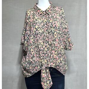 Nine West Womens Front Tie Floral Short Sleeve Button-Up Shirt Multicolor Sz XL